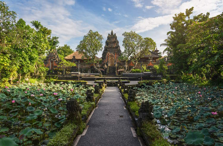 Lotus pond and Pura Saraswati temple in Ubud, Bali, Indonesia.